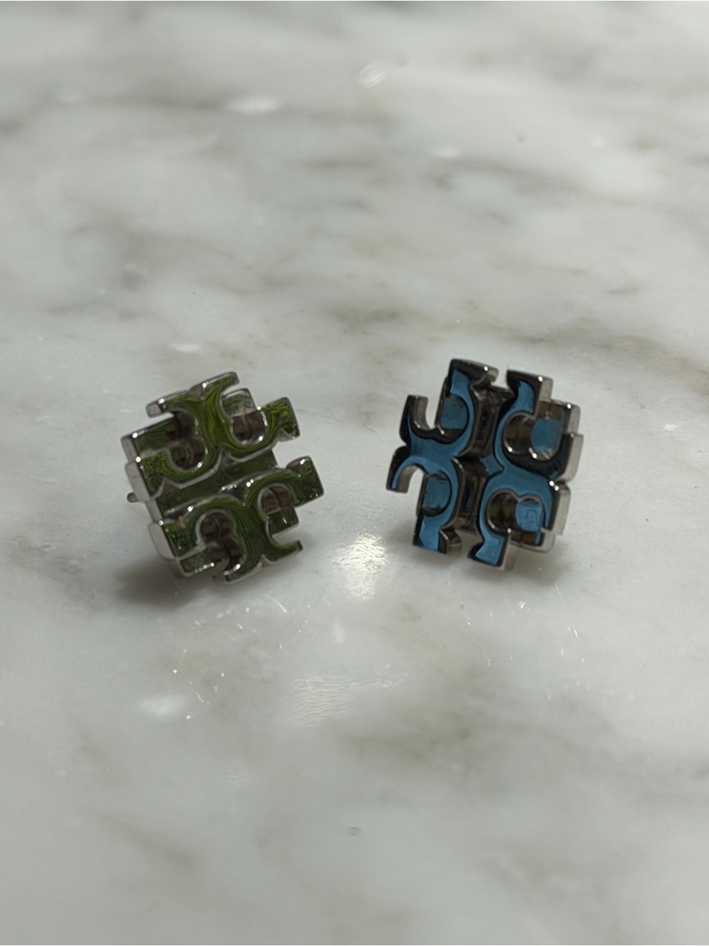 Tory Burch Green and Blue Logo Stud Earrings
